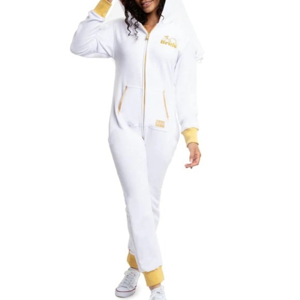 Bride White Fleece‎ Hooded Onesie Jumpsuit with Veil and Gold Glitter Accents